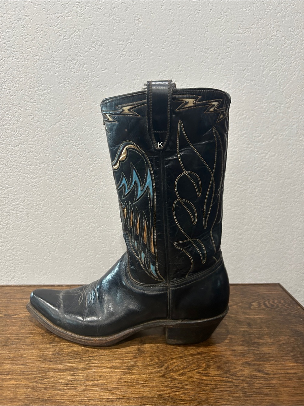 ACME Black Leather Western Boots with Teal & Gold Stitching
